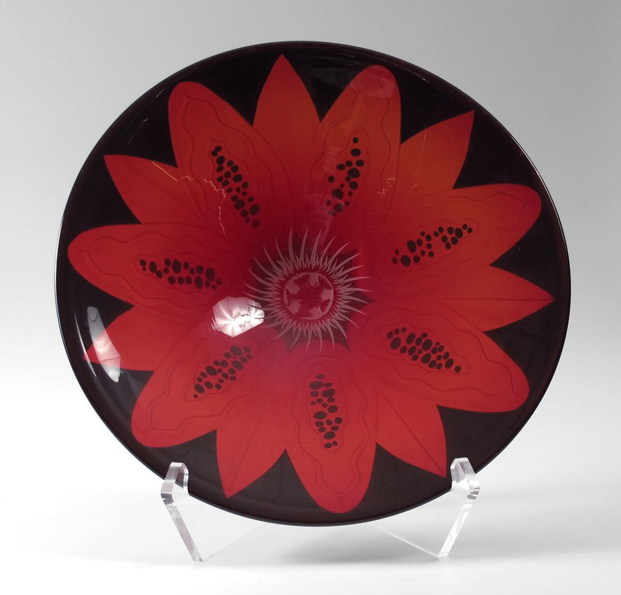 DUNCAN McCLELLAN ART GLASS PASSION FLOWER BOWL 22'': McCLELLAN, Duncan, (American 1955-): Passion Flower bowl by St. Petersburg treasure Duncan McClellan. Overlay and deeply carved glass, 22'' dia., 3'' deep. Signed. Original retail price was $3200.
