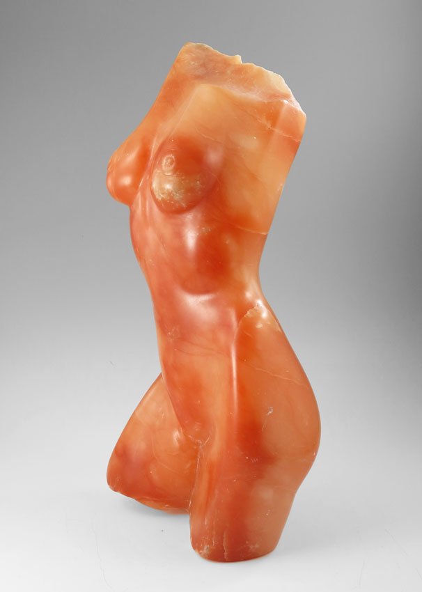 JAKOB ROBERT HENRY CARVED MARBLE TORSO SCULPTURE: HENRY, Jakob Robert, (American, 20th Century): Carved orange marble torso, 18"l. x 9"w. x 7 1/2"d.