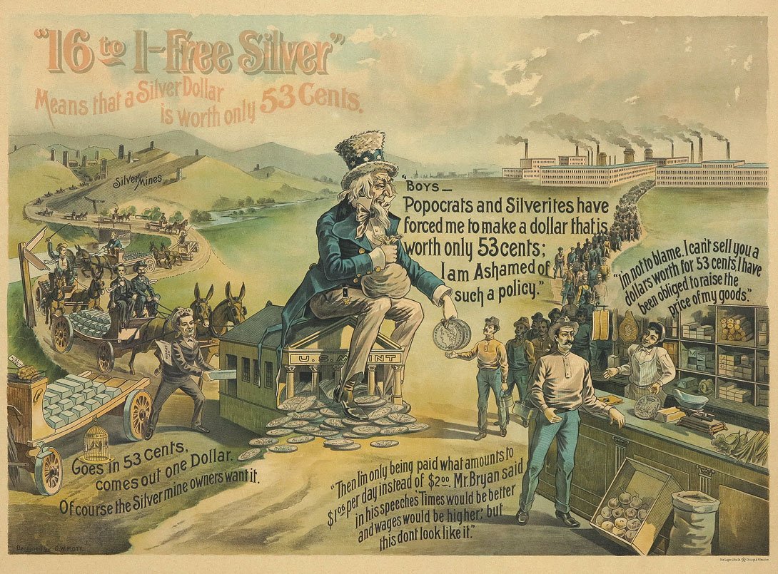 ANTI BRYAN FREE SILVER POLITICAL CAMPAIGN POSTER: ANTI WILLIAM JENNINGS BRYAN FREE SILVER POLITICAL CAMPAIGN POSTER: Circa 1896 political campaign lithograph poster designed by C. W. Mott, printed by Gugler Litho, Chicago & Milwaukee. Featuring Uncle