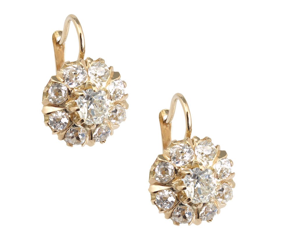 ANTIQUE 3.4 CTW DIAMOND CLUSTER DROP EARRINGS 14k: ANTIQUE DIAMOND CLUSTER DIAMOND DROP EARRINGS: 14K yellow gold earrings in a style made popular by Faberge. 18 old mine cut diamonds totaling approx. 3.40 Ct., averaging VS1-VS2 in clarity and G-H-I i