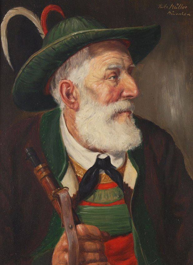 FRITZ MULLER PORTRAIT PAINTING: MULLER, Fritz, (Flemish, 1867-1926): White bearded German man with rifle, Oil/Masonite, 9 1/2" x 7 1/4", signed upper right, Fritz Mueller, Muchen, period antiqued gilded frame, 15 1/2" x 13 1/2".