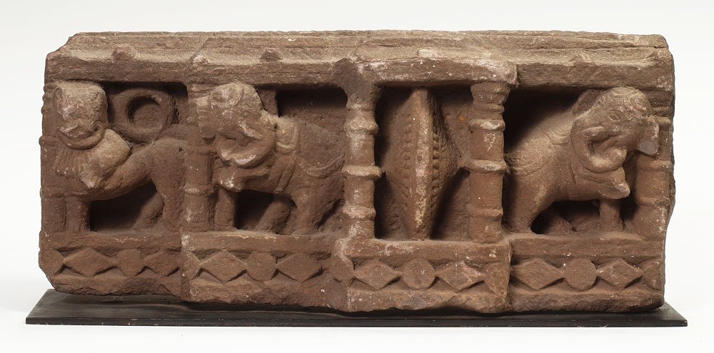 STONE TEMPLE CARVING FIGURAL ELEPHANTS: STONE TEMPLE CARVING FIGURAL ELEPHANTS: Affixed to slate base, age unknown. 11 1/4" h. x 24" x 7".
