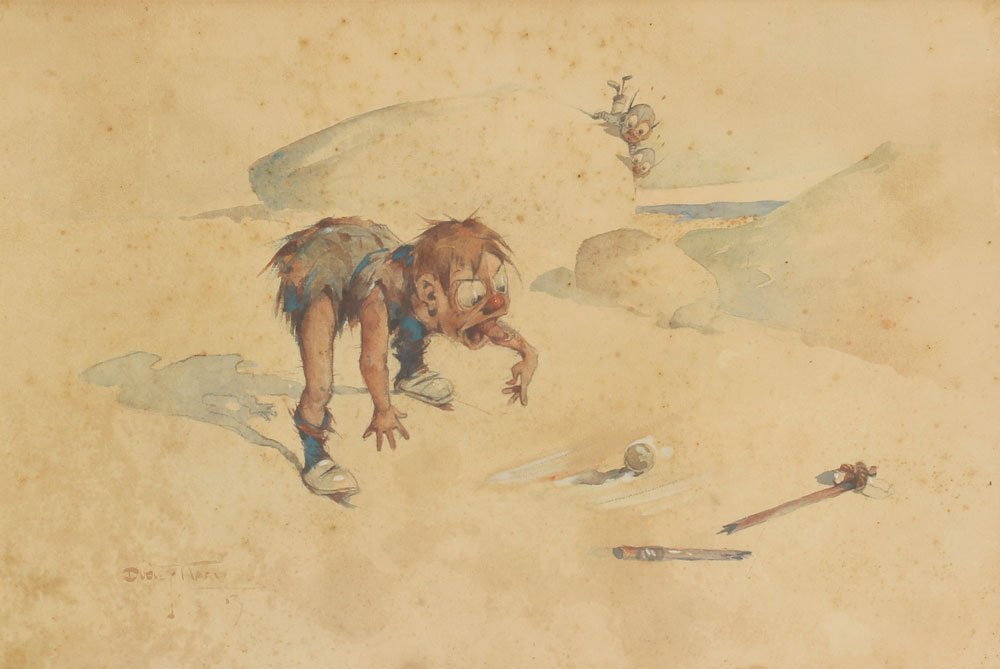 DUDLEY WARD GOLF ILLUSTRATION WATERCOLOR PAINTING: WARD, Dudley, (Canadian, 1879-1935): Unusual illustration depicting two insect like caddies peering over a rock at their distraught golfer boss who is standing over his broken club and screaming at hi