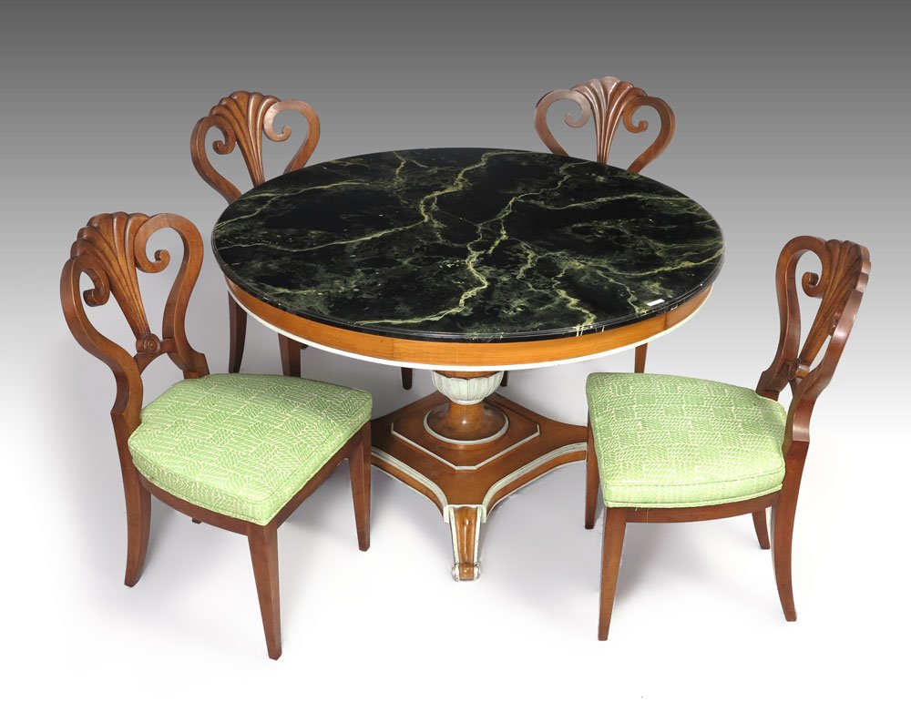 ITALIAN FAUX MARBLE TOP DINING TABLE & CHAIRS: ITALIAN FAUX MARBLE TOP DINING TABLE & CHAIRS: Paint decorated faux marble top over paint decorated pedestal base. 30" h. x 50". 3 leaves, 18" each. Sold with 4 chairs with open work back, green and w
