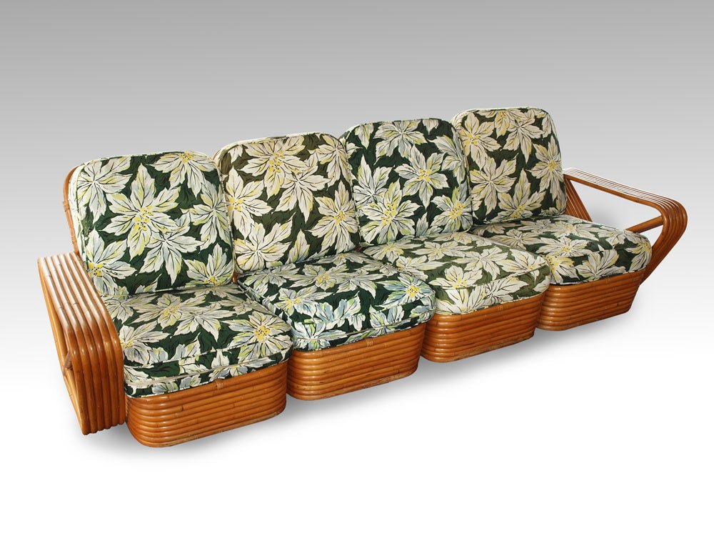 PAUL FRANKL STYLE 6 BAND RATTAN SOFA 4 SECTIONS: PAUL FRANKL STYLE FOUR SECTION 6 BAND RATTAN SOFA: Overall 30" h. x 100 1/2" x 36". Largest section separate measures 30" h. x 27 1/2" x 36".