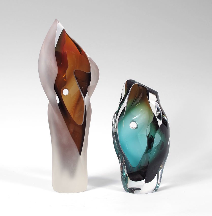 JOSEPH BECKER BLOWN ART GLASS SCULPTURE: BECKER, Joseph W., (American): Two free form blown glass sculptures. Rough ground and intense polishing. The larger piece is 13'', the other 8 3/4''. Both signed and dated 2004.