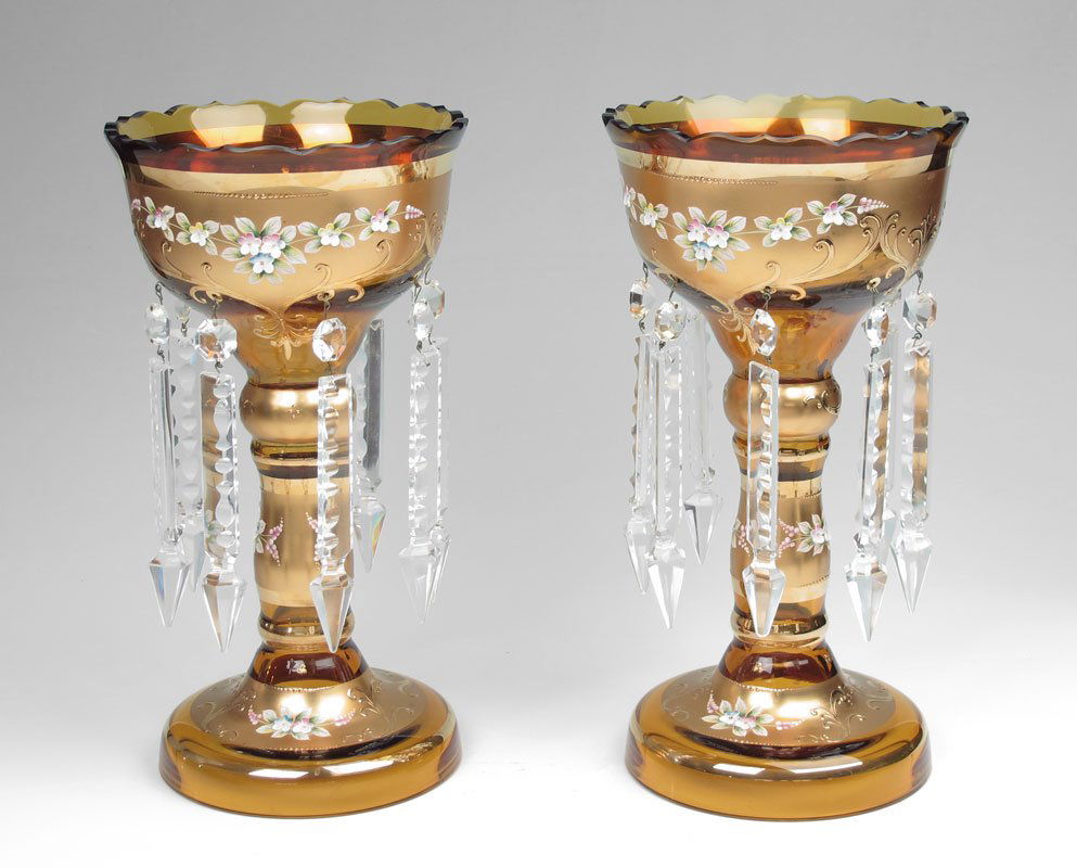12.5'' ENAMELED GLASS LUSTERS: ENAMELED AMBER GLASS LUSTERS: Parcel gilt amber glass with heavy enameled floral decoration. Cut crystal prisms. Measures 12 1/2'' tall, 7 3/4'' dia.
