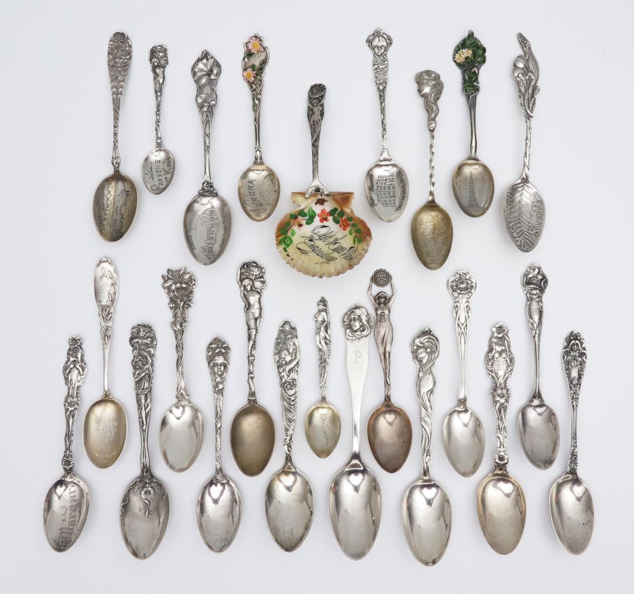 COLLECTION ART NOUVEAU STERLING SPOONS: COLLECTION ART NOUVEAU STERLING SPOONS: 24 spoons total to include 1) Alvin Full figured woman. 2) Codding Brothers & Heilborn floral with cattails, bug and sailboat. 3) Shiebler floral. 4) Unidentifi