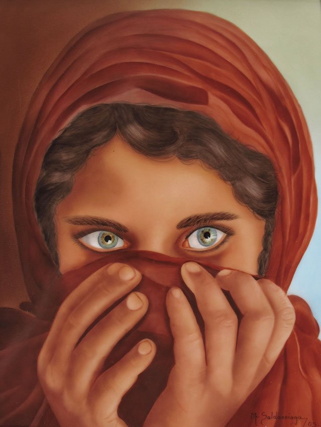 MARIA SALDARRIAGA MIDDLE EASTERN WOMAN PAINTING: SALDARRIAGA, Maria, (American, 20th Century): Portrait of a Middle Eastern Woman on porcelain, signed lower right, sight size 9 1/4'' x 7 1/2'', contemporary framed and matted 18'' x 16 1/4''.