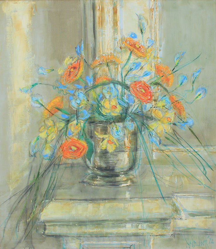 ARTIS LANE FLORAL STILL LIFE PAINTING: LANE, Artis, (American, 20th Century): Still Life with Flowers in a Glass Vase, Oil/Canvas, 31 1/2'' x 28'', signed lower right, encased in period custom Wally Findlay frame with label affixed verso,