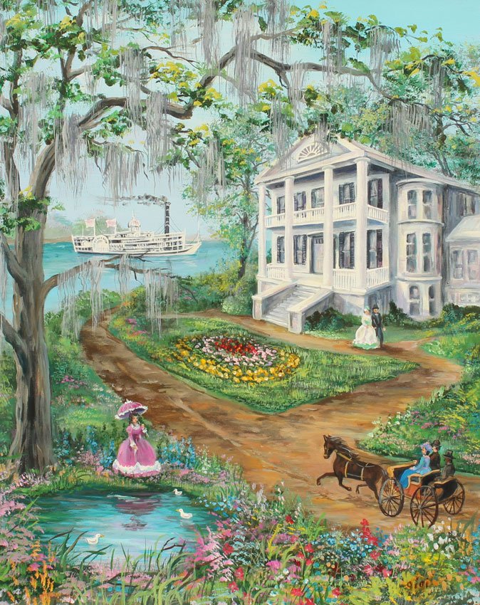 BETTY BEECHER BAYOU PAINTING: BEECHER, Betty (American, 20th Century): Steam Boat on the River with Plantation & Figures in the Foreground, a New Orleans Scene, Oil/Canvas, 30" x 24", signed and dated 1996 verso, gilded frame with
