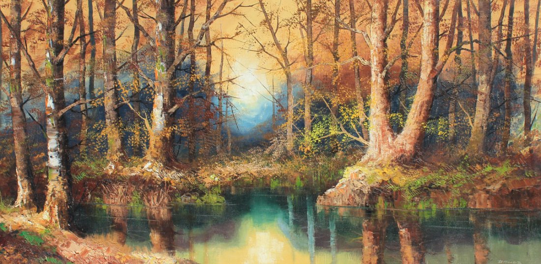 WILLI BAUER FOREST STREAM PAINTING: BAUER, Willi, (German, 1923- ): Serene Birch Forest Scene, Oil/Canvas, 24" x 48", signed lower right, encased in carved gilded frame, 34" x 58".