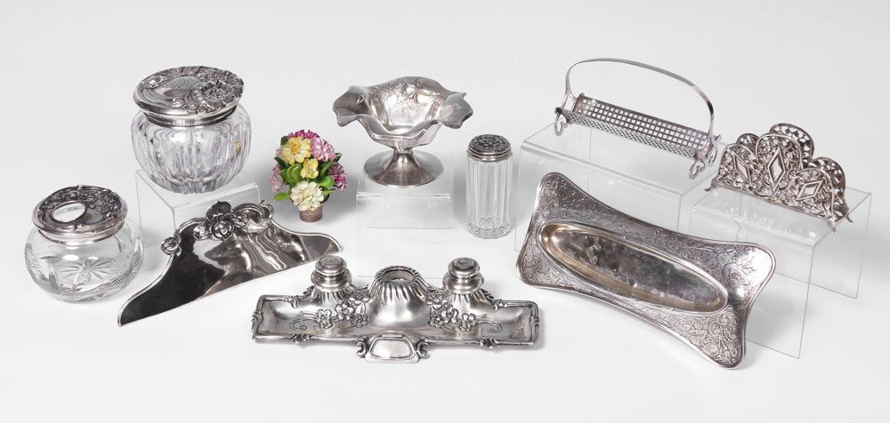 COLLECTION ART NOUVEAU STERLING OBJETS DE VERTU: COLLECTION OF ART NOUVEAU STERLING OBJETS DE VERTU: 9 pieces to include 1) International Silver footed small bowl. 2) Kerr crumber / tray. 3) Napkin holder marked Sterling. 4) LaPierre pen tray. 5) In
