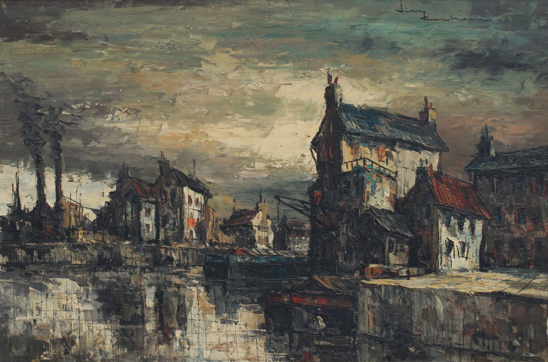 LEON CORBEAU EUROPEAN RIVER FRONT CITY PAINTING: CORBEAU, Leon, (20th Century): European Waterfront Scene In the City, Oil/Canvas, 24'' x 36'', signed upper right, encased in gilded gesso frame, 31'' x 43''.