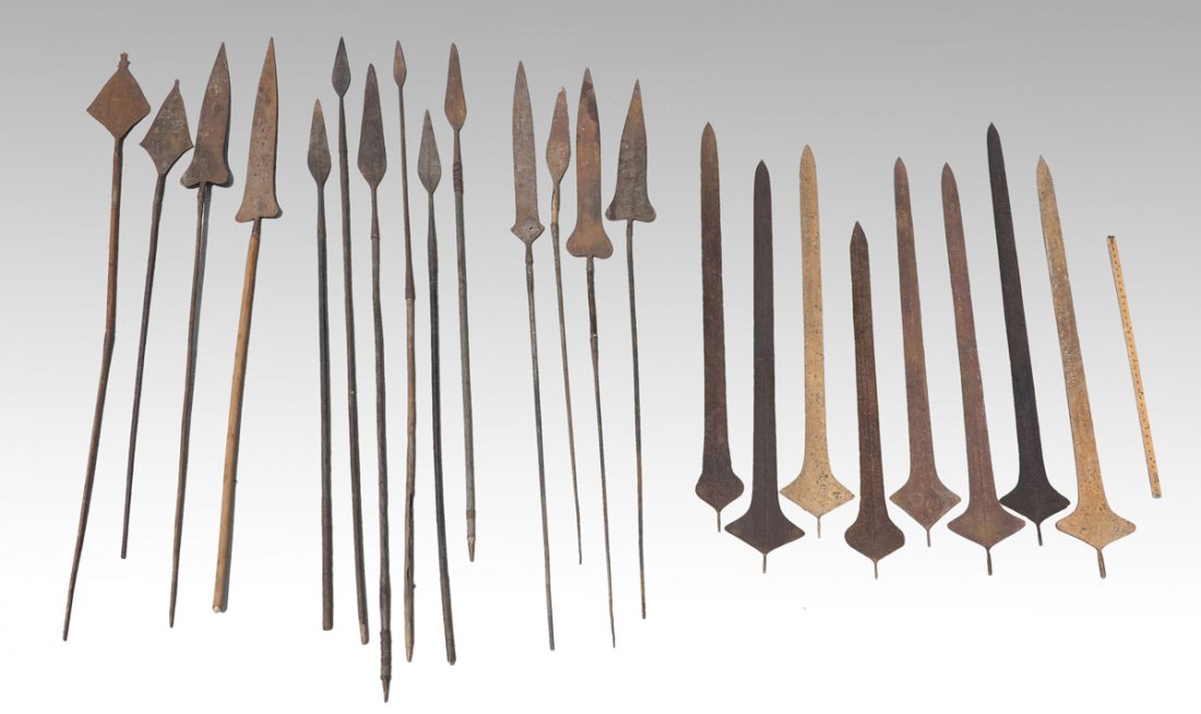 LOT OF CARVED AFRICAN SWORDS & SPEARS: LOT OF CARVED AFRICAN SWORDS & SPEARS