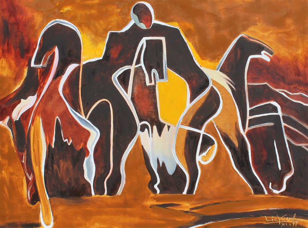 LE DAI CHUC ABSTRACT HORSES PAINTING: CHUC, Le Dai, (Vietnamese, 1944-): Abstract Horses, Oil/Canvas, 30" x 40", signed lower right, dated 97, gilded frame, 38" x 48".