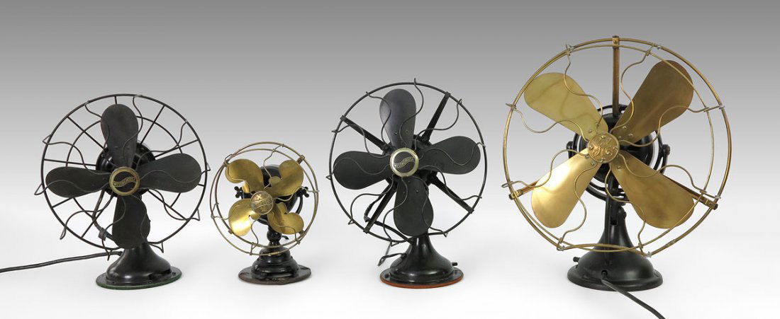 4 PIECE LOT ANTIQUE ELECTRIC FANS: 4 PIECE ANTIQUE ELECTRIC FANS: To include 1) General Electric brass and cast iron, 20" h. x 17" x 12 1/4". 2) Pair of Westinghouse wall mounted or tabletop, cast iron with wood blades, 17" x 13" x 9 1