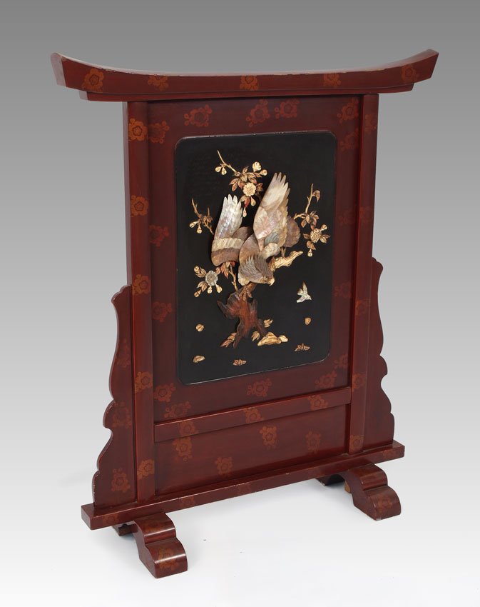ORIENTAL BIRD MOTIF DECORATED FIRE SCREEN: ORIENTAL BIRD MOTIF DECORATED FIRE SCREEN: Red lacquer with applied decoration of eagle on branches on one side, 2 odd leaves on other side. 35 3/4" x 27 3/4" x 9 3/4".