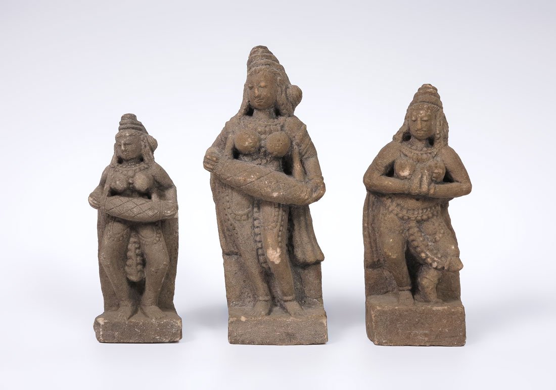 3 CARVED STONE SCULPTURES: 3 CARVED STONE SCULPTURES: Figures of female Buddhist deities, largest measures 9 1/4" h. x 4" x 2 1/2".