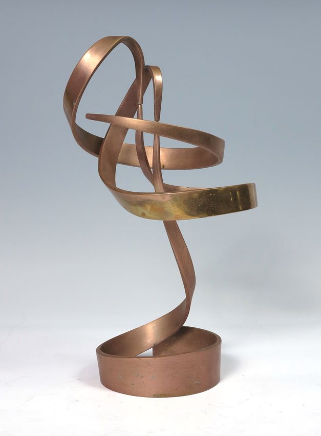 CLAYTON WHITEHOUSE AMORPHIC KINETIC SCULPTURE: CLAYTON WHITEHOUSE AMORPHIC KINETIC BALANCE SCULPTURE: Patinated brass, signed Clayton 2004. Separates into 3 pieces. Assembled measures 16 1/4" h. x 8 1/4".