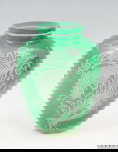 STEUBEN ACID CUT-BACK VASE FORM #6272: STEUBEN ACID CUT-BACK VASE FORM #6272: A well done Steuben Fish motif vase, having the Steuben Fleur de Lis stamp at the underside. Approx. 9.25" h x 7.25" dia.