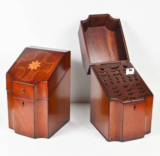 PAIR OF GEORGIAN INLAID KNIFE BOXES: PAIR OF GEORGIAN INLAID KNIFE BOXES: A pair of English Georgian knife boxes, ca. 1860; mahogany with inlay. Hinged, sloping lids with serpentine fronts open to the original slotted interiors. With