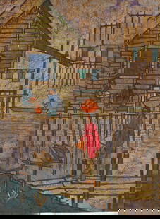 CHUGH THEAN TENG BATIK WATERFRONT SCENE: CHUGH THEAN TENG BATIK WATERFRONT SCENE WITH HOUSES ON STILTS AND FIGURES IN DAILY LIFE: Sight size 23” x 17.25”, signed lower left, framed, 25.5” x 19.5”.