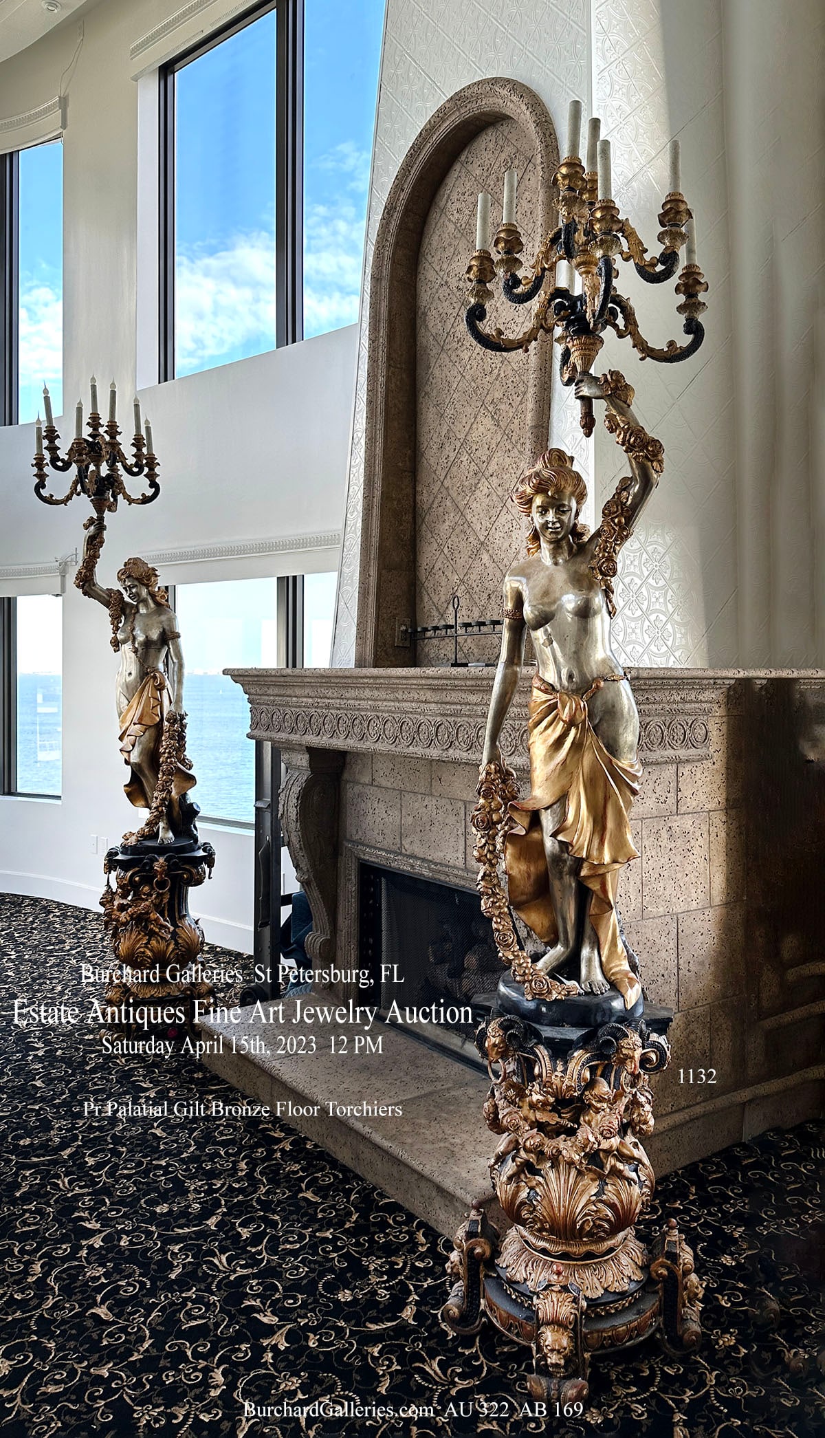 PAIR OF BRONZE SEMI-NUDE FEMALE TORCHIERE LAMPS: PAIR OF BRONZE SEMI-NUDE FEMALE TORCHIERE LAMPS: An opposing pair of Gilt Bronze semi-nude Female Torchieres, with each having 9- lights. Ladies are adorned by strands of bountiful garlands, and are s