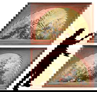 PAIR OF PALATIAL ITALIAN CHERUBIC STATUE PAINTINGS: PAIR OF PALATIAL ITALIAN NEOCLASSICALLY-STYLED CHERUBIC STATUARY PAINTINGS: Sight size 35” x 59”, matching frames, 48” x 71”.