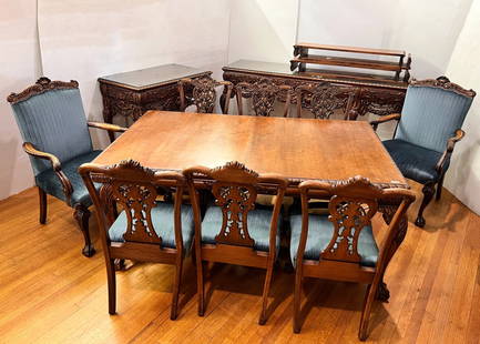 11 PC. CARVED DINING SUITE: 11 PC. CARVED DINING SUITE: This remarkable dining set consists of: 1- single drawer sideboard (approx. 36” h x 41” w x 21.75” d), 1- buffet with three drawers (36” x