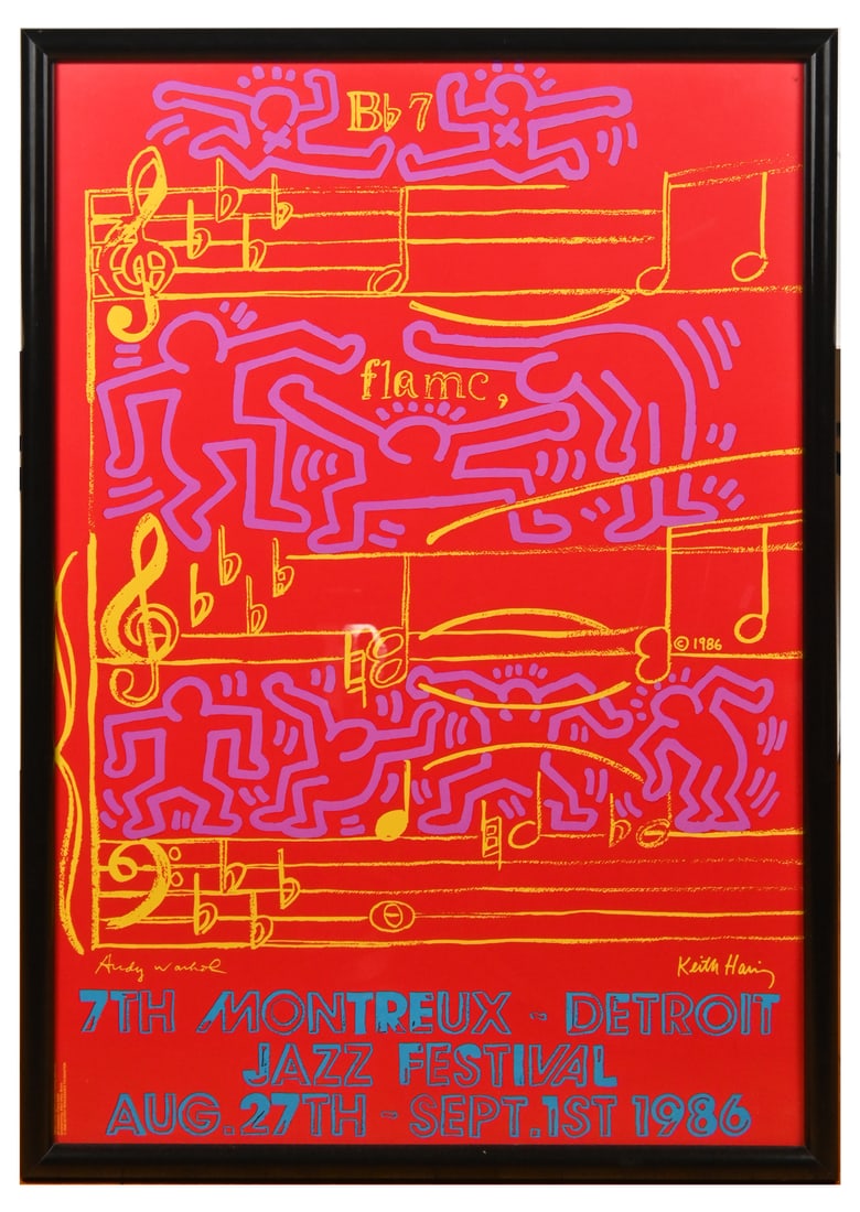 WARHOL/HARING JAZZ FESTIVAL POSTER: WARHOL/HARING POSTER FOR THE 7TH ANNUAL MONTREUX-DETROIT JAZZ FESTIVAL 1986: Sight size 30” x 27”, black lacquer frame, 41” x 29”.