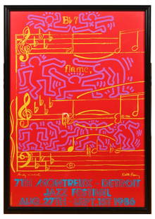 WARHOL/HARING JAZZ FESTIVAL POSTER: WARHOL/HARING POSTER FOR THE 7TH ANNUAL MONTREUX-DETROIT JAZZ FESTIVAL 1986: Sight size 30” x 27”, black lacquer frame, 41” x 29”.
