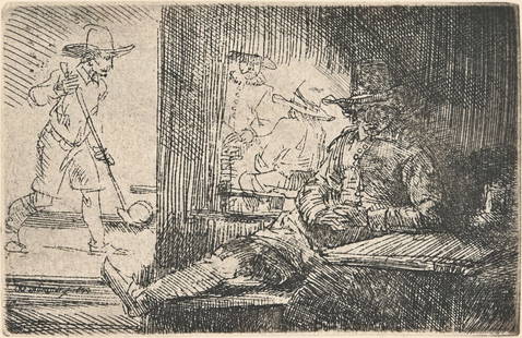 REMBRANDT “GOLF PLAYER” MILLENIUM ETCHING: VAN RIJN, Rembrandt, (Dutch, 1606-1669): “Golf Player”, Etching, sight size 5.75” x 7.75” with margins, framed, 26” x 28”.