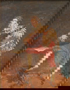 19 C. MANDOLIN PLAYING MINSTREL SERENADE PAINTING: 19 C. MANDOLIN PLAYING MINSTREL SERENADE IN A TAVERN INTERIOR: Oil/Chamfered Oak Wood Panel, 8.5'' x 6.5'', possibly signed lower left, newer frame, 12'' x 10.25''.