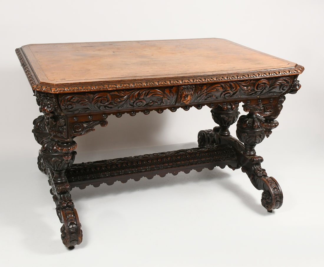 ELABORATELY CARVED OAK 19TH-CENTURY DESK (1 of 8)