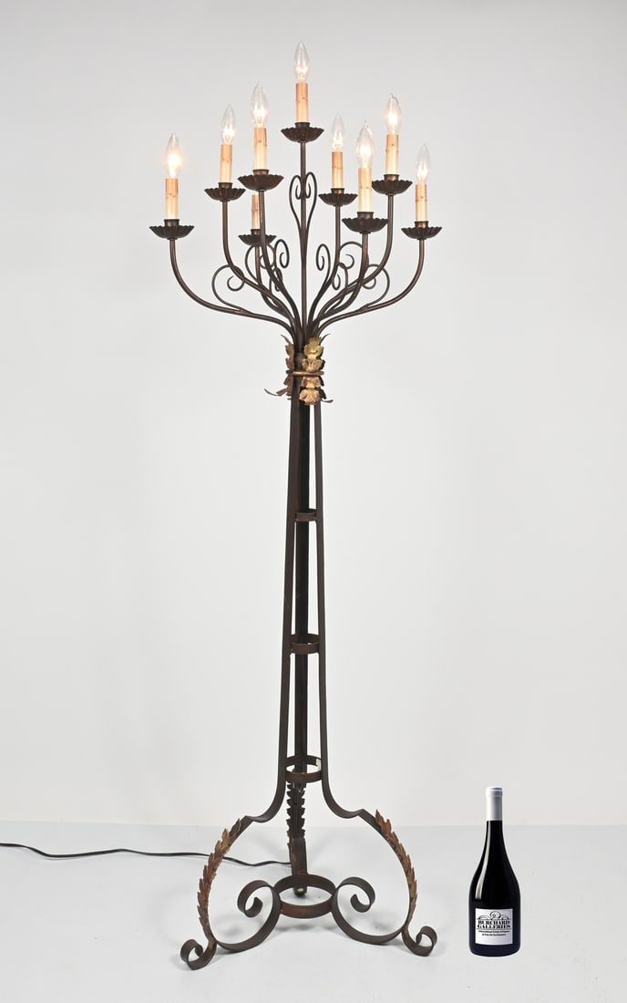 CHELSEA HOUSE PERIOD REPRODUCTION 9-LIGHT TORCHIER: CHELSEA HOUSE PERIOD REPRODUCTION 9-LIGHT FLOOR TORCHIERE: A 9-light candelabra style torchiere having an iron frame, scrolled accents at the arms, crimped candle cups, and gilt fern and acanthus type