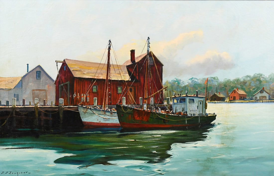 LARGE CAPPY AMUNDSON “MOTIF #1" PAINTING: AMUNDSEN, C. Hjalmar, (American, 1911-2001): “Motif #1”, Oil/Canvas, 24” x 36”, signed lower left “J.J. Enwright”, framed, 34.5” x 46.5”.