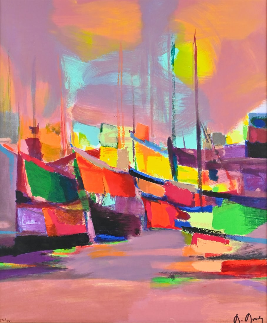 MARCEL MOULY “LES BATEAUX JAUNES” SERIGRAPH: MOULY, Marcel, (French, 1918-2008): “Les Bateaux Jaunes” (“The Yellow Boats”), Serigraph, sight size 20” x 16.5”, signed lower right, numbered 179/300 lower left, framed, 2