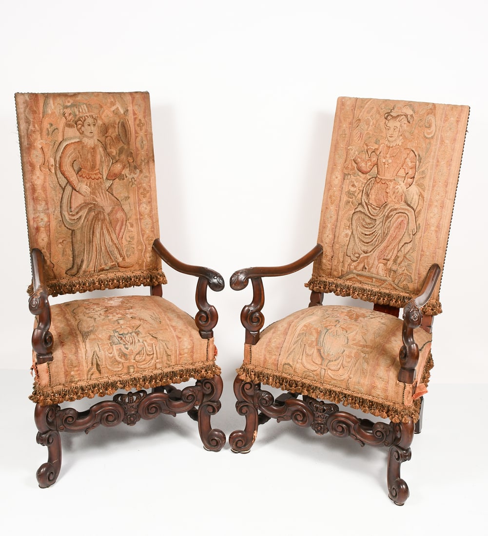 PAIR FRENCH CARVED 19TH-C. TAPESTRY ARMCHAIRS (1 of 9)