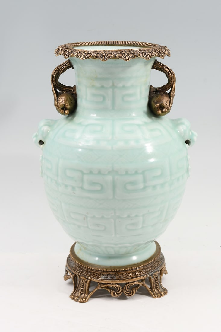 CHINESE PORCELAIN CELADON VASE WITH BRONZE MOUNTS (1 of 7)