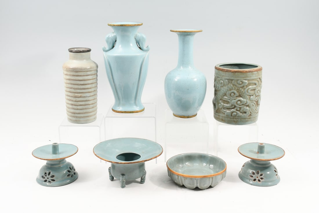 8 PC. CHINESE CELADON PORECLAINS WITH GILT RIMS (1 of 5)