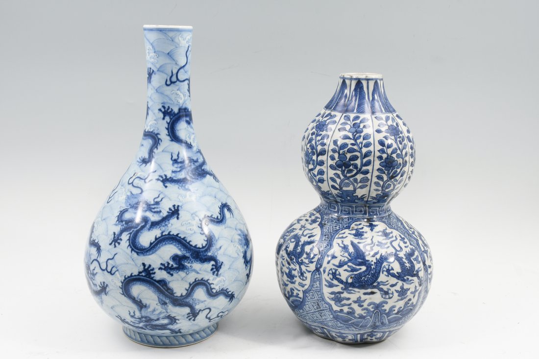 2 PC. CHINESE BLUE & WHITE PORCELAIN DRAGON VASES (1 of 7)