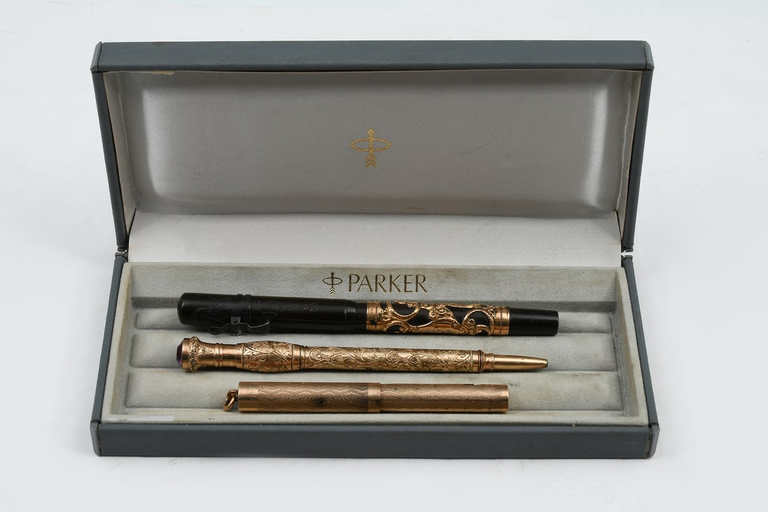 3 PC. WAHL & WALTERMAN PENS WITH A VICTORIAN PENCI: 3 PC. WAHL & WALTERMAN PENS WITH A VICTORIAN PENCIL: 1) Wahl Pen 14K gold-filled ink pen with screw-top lid. The nib marked ''Wahl 2 / 14K'', approx. 3.5'' in length. 2) Waterman's Ideal Fountain Pen,
