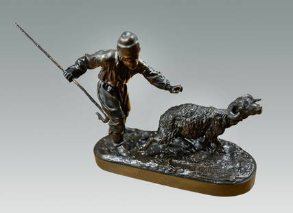 RUSSIAN BRONZE GROUP BEARING CHOPIN FOUNDRY & EVGENY LANCERAY MARKINGS: RUSSIAN BRONZE "TAKING RAM", CHOPIN FOUNDY AND LANCERAY MARKINGS: Detailed bronze group depicting a Shepherd chasing a ram with hooked staff. Bearing Chopin Bronze Foundry and Evgeny Alexandrovitch