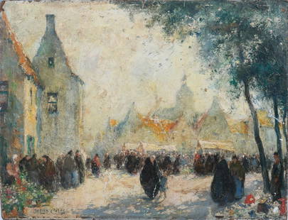 JULIEN CELOS EUROPEAN CITY STREET SCENE PAINTING: CELOS, Julien, (Belgian, 1884-1953): European City Street with Market, Oil/Board, 12.5” x 16.5”, signed lower left, unframed.