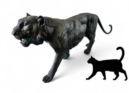 NEARLY LIFE SIZE BRONZE TIGER AFTER BAYRE: NEARLY LIFE SIZE BRONZE TIGER SCULPTURE AFTER BAYRE: 25" h. x 75" l.