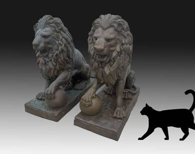 PAIR OF LARGE GUARDIAN LION BRONZES: PAIR OF LARGE GUARDIAN LION BRONZE SCULPTURES: Mirrored poses with foot on ball, 38" h., 37" d, 16.5" w.
