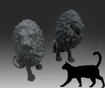 PAIR OF LION ENTRYWAY BRONZES: PAIR OF LION ENTRYWAY BRONZE SCULPTURES: Ostentatious entryway Lion sculptures of bronze. Approx. 31" h.