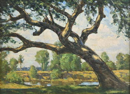 HORACE BROWN CORAL GABLES PAINTING: BROWN, Horace, (American, 1876-1949): “Live Oak, Coral Gables, 1942”, Oil/Masonite, 12” x 16”, signed lower right, signed/titled/dated verso, original carved and painted gesso fram