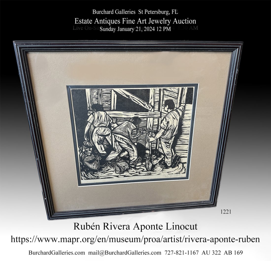 RUBEN APONTE LINOCUT PUERTO RICO: APONTE, Ruben Rivera, (Puerto Rican, 1931-2015): ''Workers'', Linocut, 19: x 13,75'' with margins, signed lower right and dated '51, framed, 17.25'' x 17.5''. Painter, graphic artist, engraver and scr